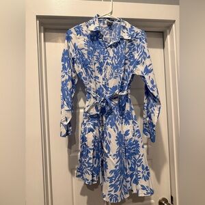 a new day Blue and White Floral Tie-Waist Long Sleeve Dress